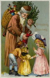 Babbo Natale che consegna regali e un albero di Natale ai bambini (litografia a colori)
