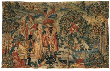 Arazzo raffigurante scena pastorale con raccolta di frutta, o Il signore nel suo parco o Alleanza rurale e raccolta di frutta, c.1500
