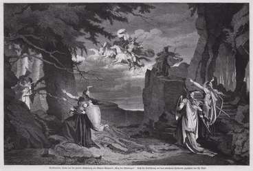 La cavalcata delle Valchirie, scena da Die Walkure, la seconda opera di Der Ring des Nibelungen di Richard Wagner, eseguita al Teatro Nazionale, Monaco