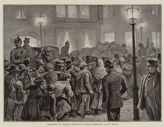 Trasporto di emigranti russi sospettati di colera attraverso Berlino (litografia)