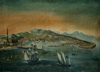 Veduta di un porto con un faro su un promontorio, c.1800