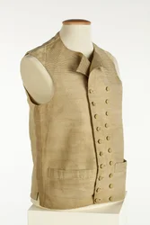 Gilet in seta tessuta con strisce fini dorate, crema e arancioni, c.1780-90