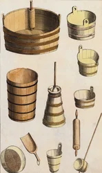 Utensili e recipienti in legno (litografia a colori)