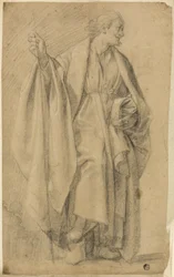 Figura maschile drappeggiata in piedi, con bastone