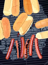 6 hot dog sulla griglia, lato sud di Streef (arte digitale)