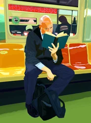 Libro blu, uomo calvo, treno F, 2019 (disegnato a mano su iPad con una matita Apple)
