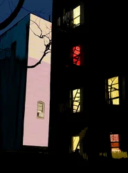 Finestre colorate di condomini di notte Brooklyn (arte digitale)