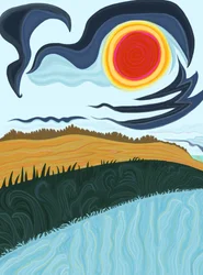 Campo, erba e cielo sulla costa del mare (arte digitale)