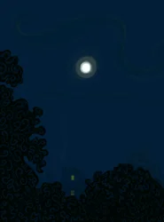 Casa con frontone e luna di notte, ombre di alberi