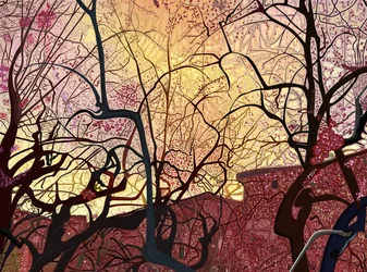 Cielo arancione, edifici e alberi in primavera (arte digitale)