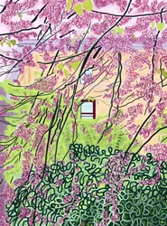 Alberi di primavera e edificio di appartamenti, parco Prospekt (arte digitale)