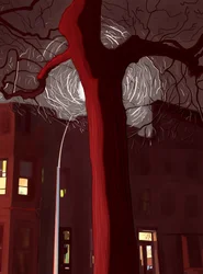 Strada e albero di notte illuminati da sirene e lampioni (arte digitale)