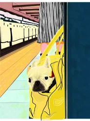 Pendolare della metropolitana con cane nella borsa, Brooklyn (arte digitale)