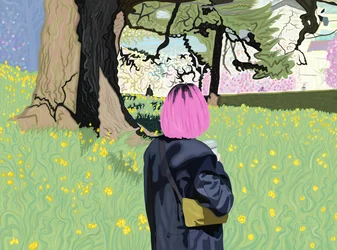 Donna Wirth capelli rosa e campo di narcisi (arte digitale)