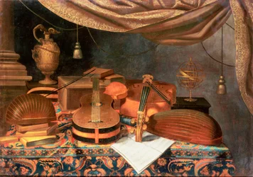 Una Chitarra, un Violoncello, Liuti, uno Spartito Musicale e altri Libri, un Brocca Dorata e una Sfera Armillare su un Tavolo Drappeggiato, una Colonna Oltre e una Tenda Sopra