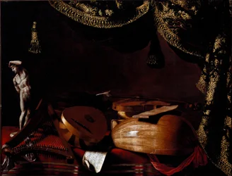 Natura morta con strumenti musicali. Dipinto di Evarista Baschenis, XVII secolo. Bergamo, Accademia Carrara, Italia
