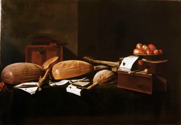 Natura morta Pesche e strumenti musicali. Dipinto di Evaristo Baschenis (1617-1677) XVII secolo Bergamo, Collezione privata
