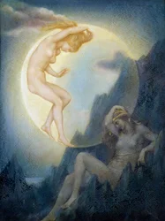 Simbolismo: "La Terre endormie et la Lune se reveillant" (La Terra addormentata e la Luna che si risveglia) Peinture de Evelyn De Morgan (1855-1919) (pre-rafaelita) Collection privee