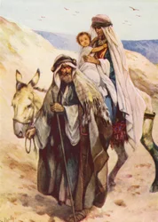 Giuseppe e Maria portano Gesù Bambino in Egitto (litografia a colori)