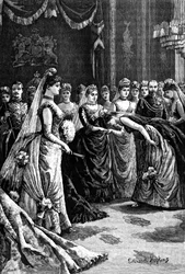 La regina Vittoria accoglie gli ospiti in un salotto a Buckingham Palace, fine XIX secolo, 1900