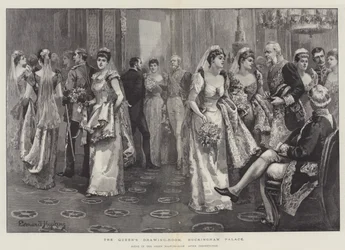 La sala del disegno della Regina, Buckingham Palace, scena nella sala verde dopo la presentazione