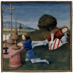 Leggenda Arturiana: Lancillotto dorme mentre il Santo Graal appare a un altro cavaliere, miniatura di Evrard d