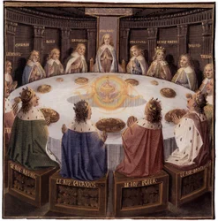 Leggenda arturiana: i cavalieri della Tavola Rotonda: Galaad (Galahad) sul Seggio Periglioso, appare il Santo Graal, miniatura di Evrard d