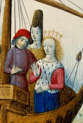 Regina Isotta di Tristano e Isotta imbarcati per il regno di Logres. Miniatura tratta da Romanzo del Cavaliere Tristano e della Regina Isotta di Gassien de Poitiers, miniato da Everard de Espinques (XV secolo)