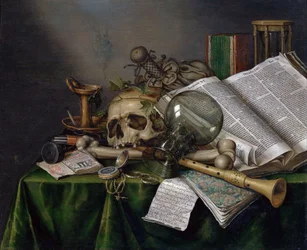 Vanitas - Natura morta con libri, manoscritti e un teschio
