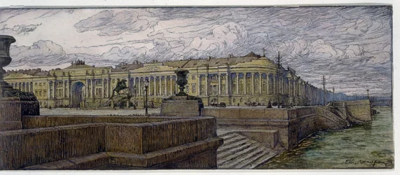 La piazza del Senato a San Pietroburgo. Descrizione degli edifici sulla riva della Neva. Opera di Evgeny Evgenyevich Lanceray (Eugene Lansere) (1875-1946), litografia