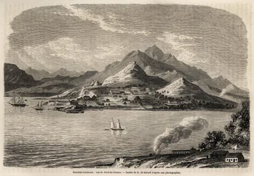 Vista del Porto di Francia, Nuova Caledonia, disegno di Evremont de Berard, per illustrare il viaggio di Victor de Rochas in Nuova Caledonia nel 1859. Incisione in "Le tour du monde" 1861. Collezione Selva