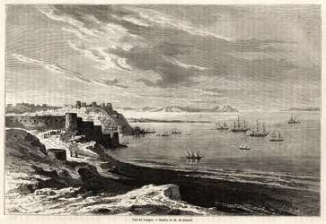 Veduta di Tangeri (Marocco), disegno di Evremond de Berard (1824-1881), per illustrare le note di viaggio di M.F.Schickler in Marocco. Incisione in "Il giro del mondo, nuovo giornale dei viaggi" Parigi