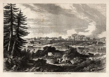 Veduta di Victoria-Vancouver, capitale della Columbia Britannica, disegno di Auguste de Berard (1824-81), per illustrare l