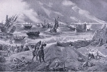 Giacomo II alla battaglia di La Hogue, 23 maggio 1692, illustrazione da British Battles on Land and Sea, 1915
