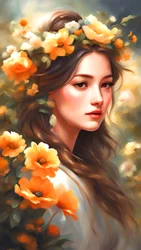 Donna decorata con fiori in un paesaggio