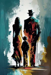 Pittura impressionista astratta di una famiglia che cammina per strada