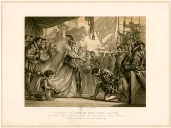 La regina Elisabetta nomina cavaliere Drake a bordo del Golden Hind, 4 aprile 1581, XIX secolo