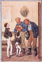 Il signor Peggotty tirò fuori dalle tasche due aragoste prodigiose e un enorme granchio e una grande borsa di tela di gamberetti, illustrazione da David Copperfield, 1914