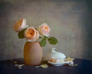 Natura morta con rose rosa cipria