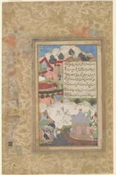 Un Babur ubriaco ritorna al campo di notte, c.1589 (acquerello opaco e oro su carta)