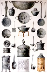 Riproduzione di utensili da cucina, da Le Case e i Monumenti di Pompei, di Fausto e Felice Niccolini, Volume IV, Supplemento, Tavola XVII