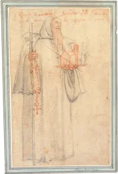 Fra Stefano, procuratore dei Camaldolesi a Vallombrosa, come San Romualdo, con un modello di chiesa e un rosario, 1577