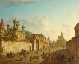 Vista dalla Piazza Lubyanka alla Porta di Vladimir a Mosca, 1800