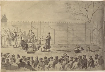 Copia fotografica di un disegno di un uomo giapponese in procinto di essere decapitato di Charles Wirgman