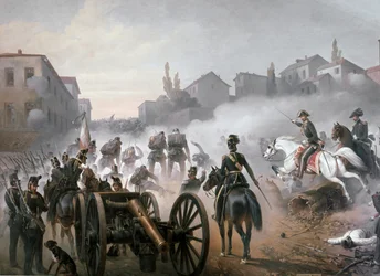 La battaglia di Pastrengo, particolare del lato sinistro: il cannone (olio su tela)