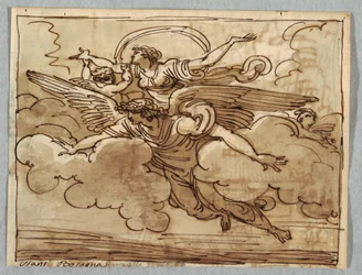 Una donna sostenuta da un angelo volante