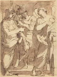 Allegoria della giustizia (penna e inchiostro marrone con lavaggio viola-marrone su gesso nero su carta vergata)