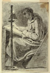 Un Artista che Disegna alla Luce della Lampada