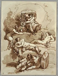Apollo con lira, Fama, Abbondanza, Bellezza e due putti sulle nuvole, studio dopo Marcantonio Franceschini