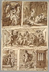 Design dopo dipinti di Raffaello e dipinti a Bologna di Albani, Francia, Parmigianino; Monumento Verso: Studio anatomico